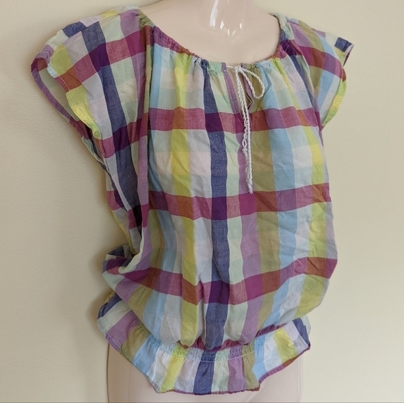 TOMMY HILFIGER colourful plaid peasant blouse top women's large - Picture 1 of 9